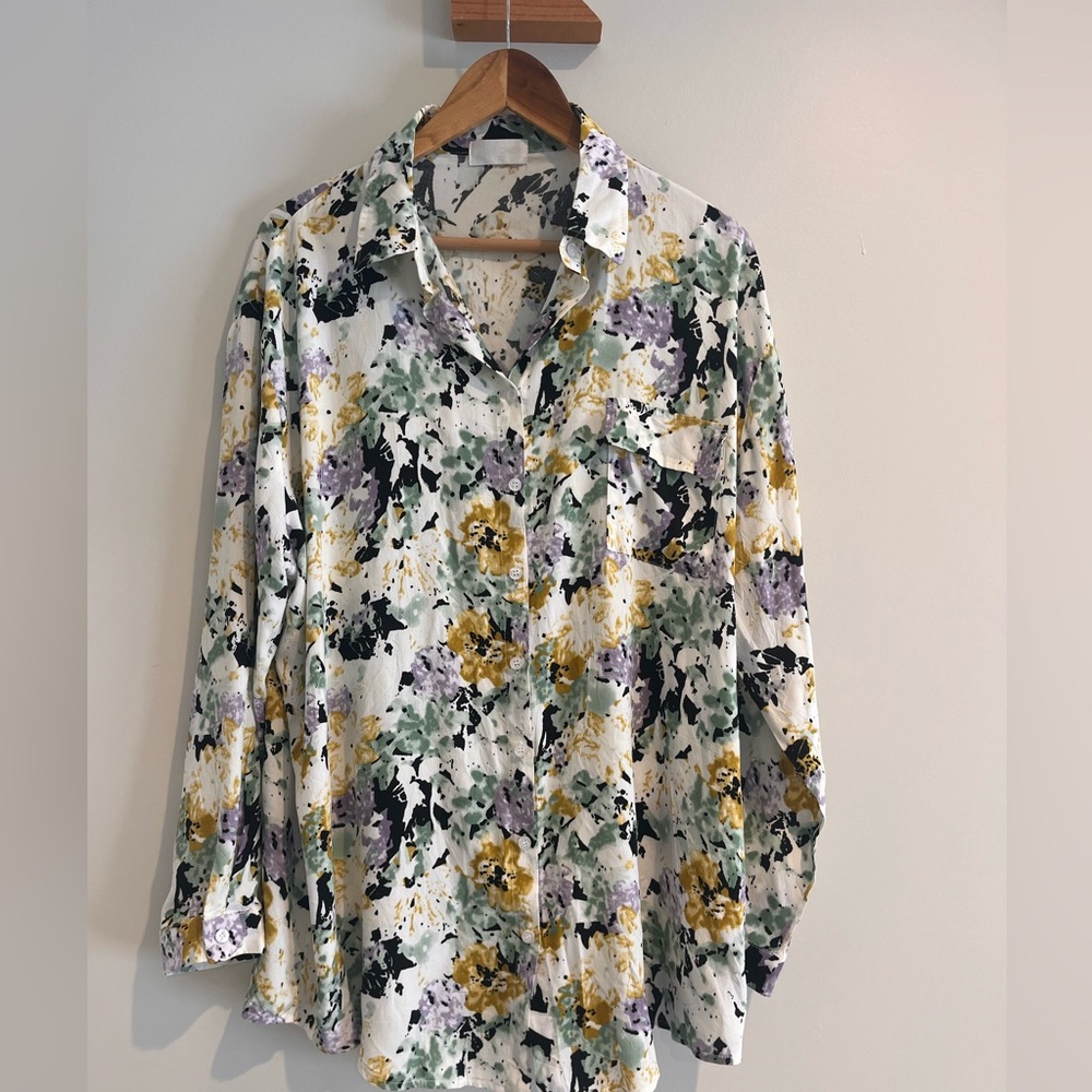 Zoye Chen Watercolor Floral Viscose Button-Down Blouse Shirt XXL White Black